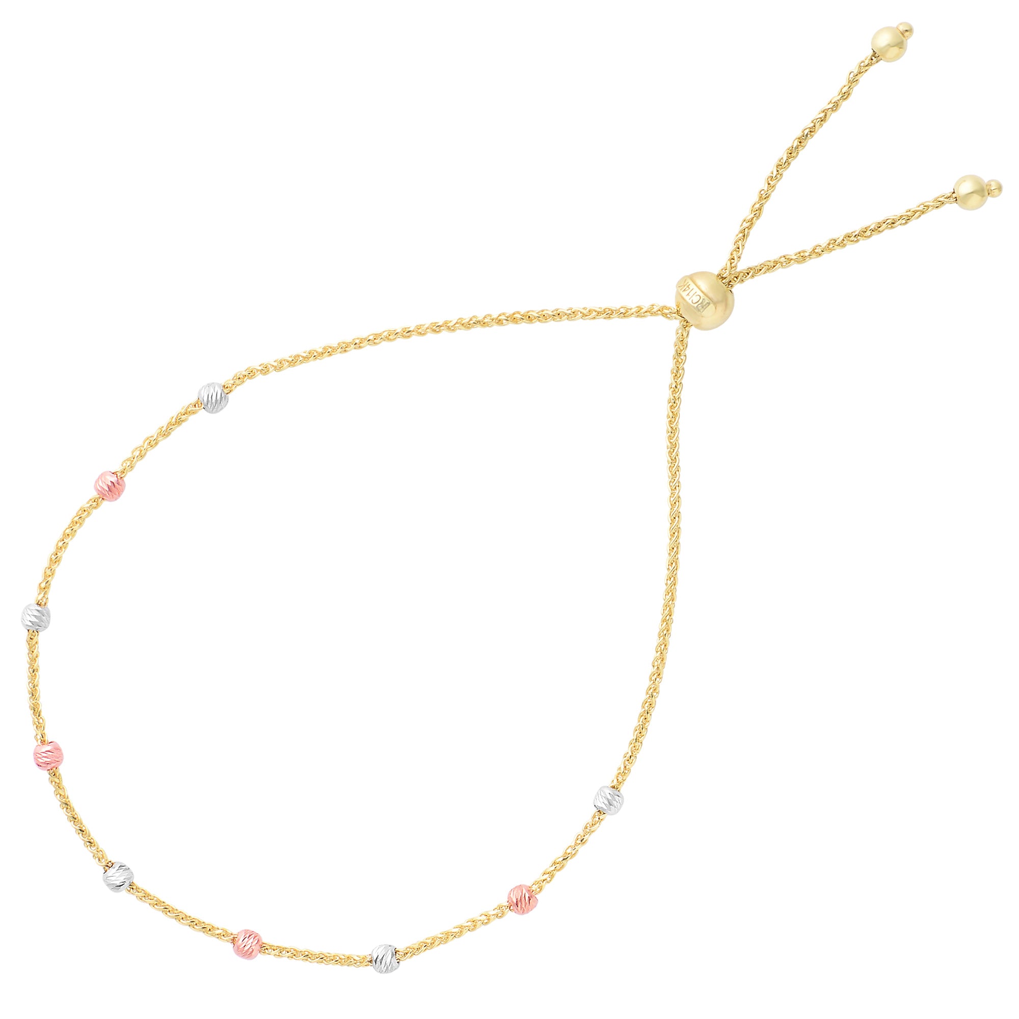 Bracelet réglable d'amitié Bolo de station de perles rondes multicolores taillées en diamant en or 14 carats, bijoux de créateurs fins de 9,25 pouces pour hommes et femmes