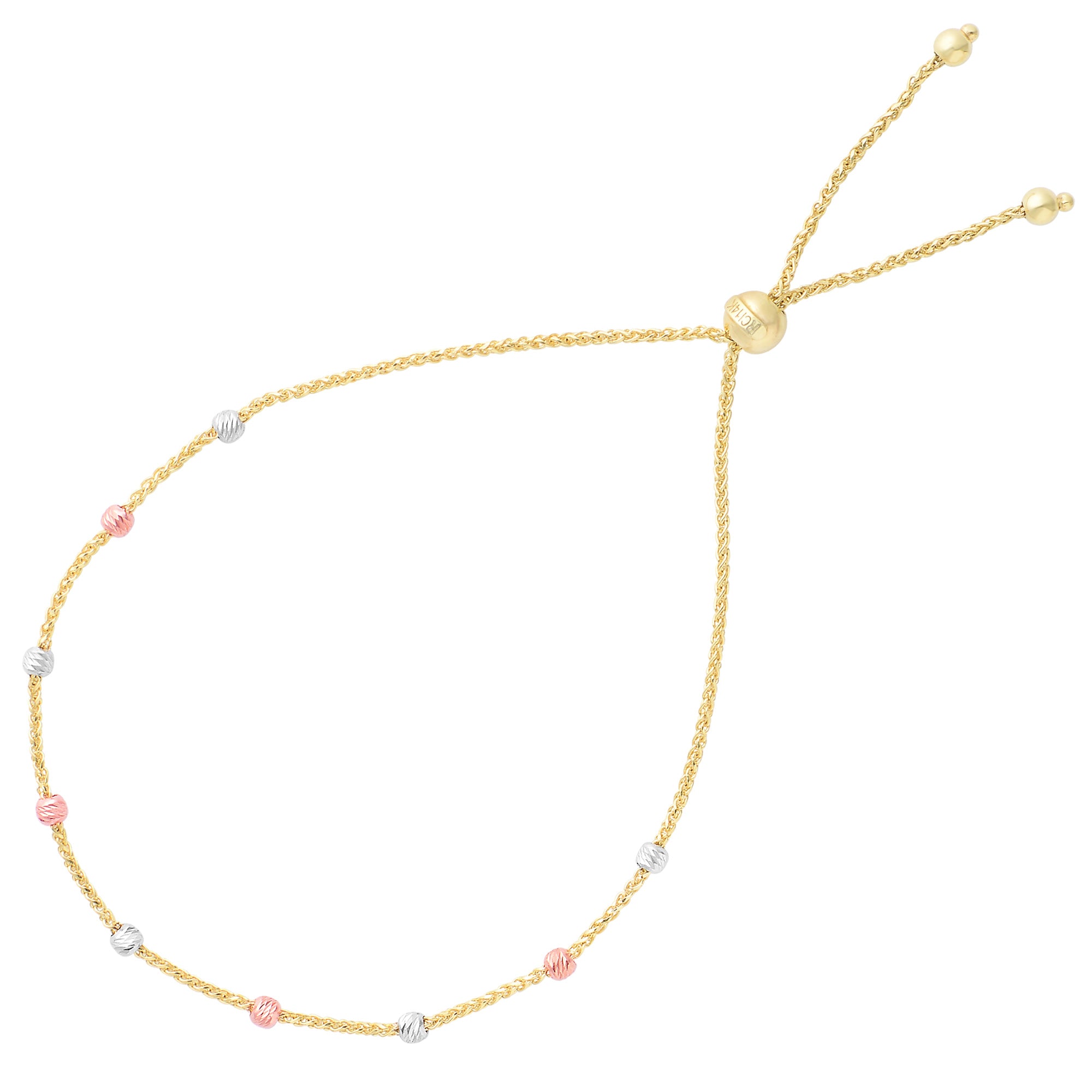 Bracciale regolabile dell'amicizia Bolo con perline rotonde multicolori con taglio a diamante in oro 14 carati, gioielli di design da 9,25" per uomini e donne