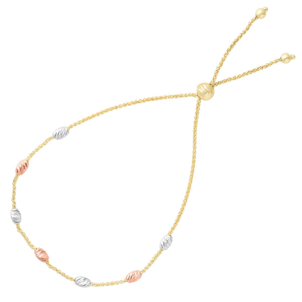 Diamond Cut Multi Color Oval Bead Station Bolo Friendship Adjustable Bracelet In 14K Gold, 9.25"