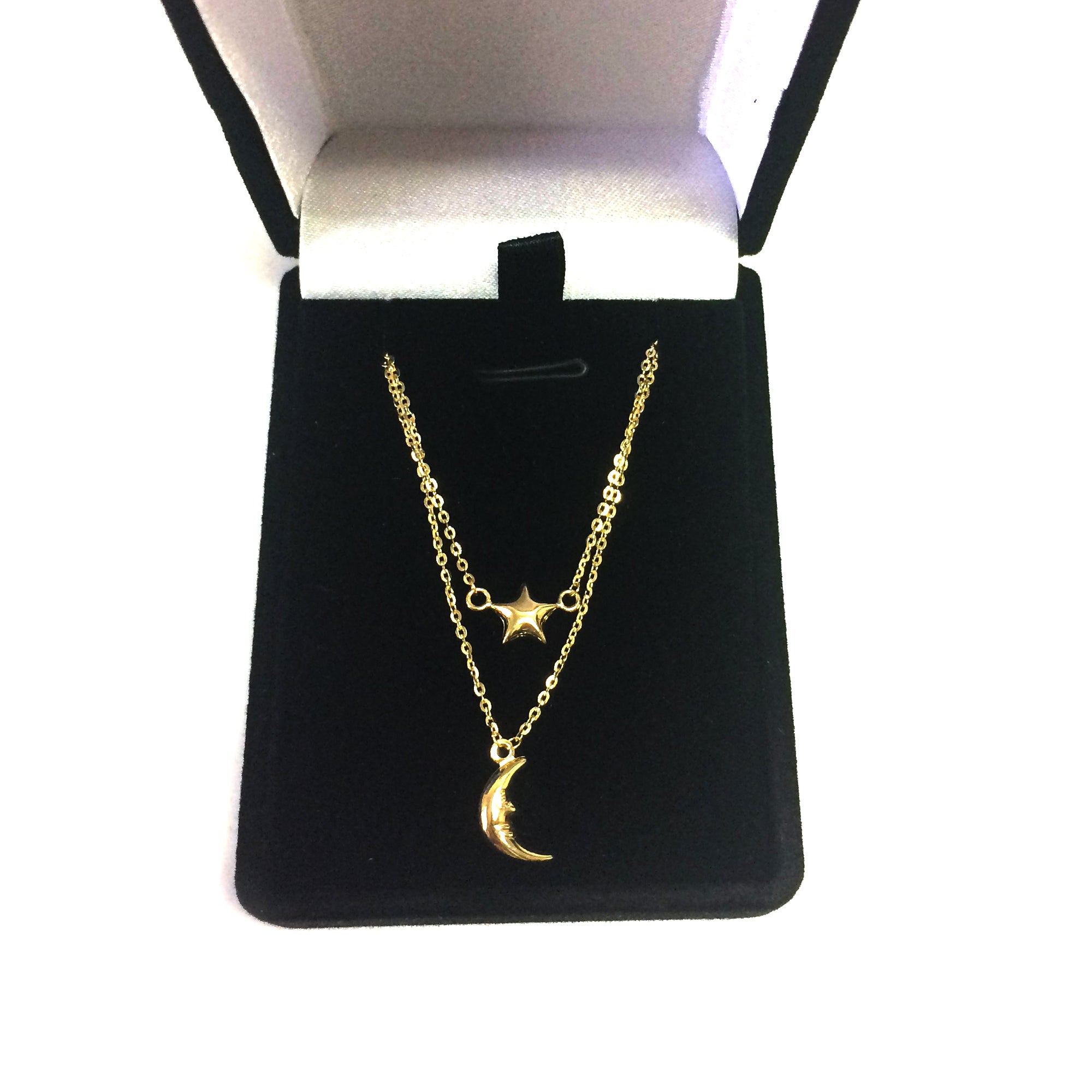 14k Yellow Gold Moon And Star On Single In to Double Graduated Strand Necklace, 18"