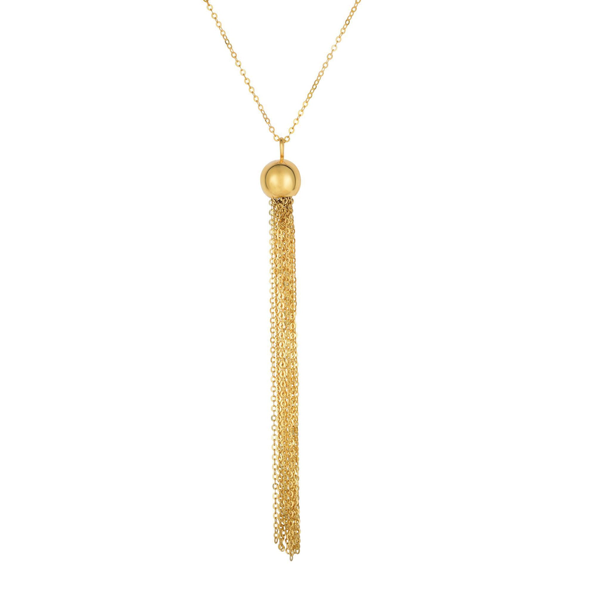 14k Yellow Gold Diamond Cut Ball Multi Strand Chain Tassel Necklace, 18"