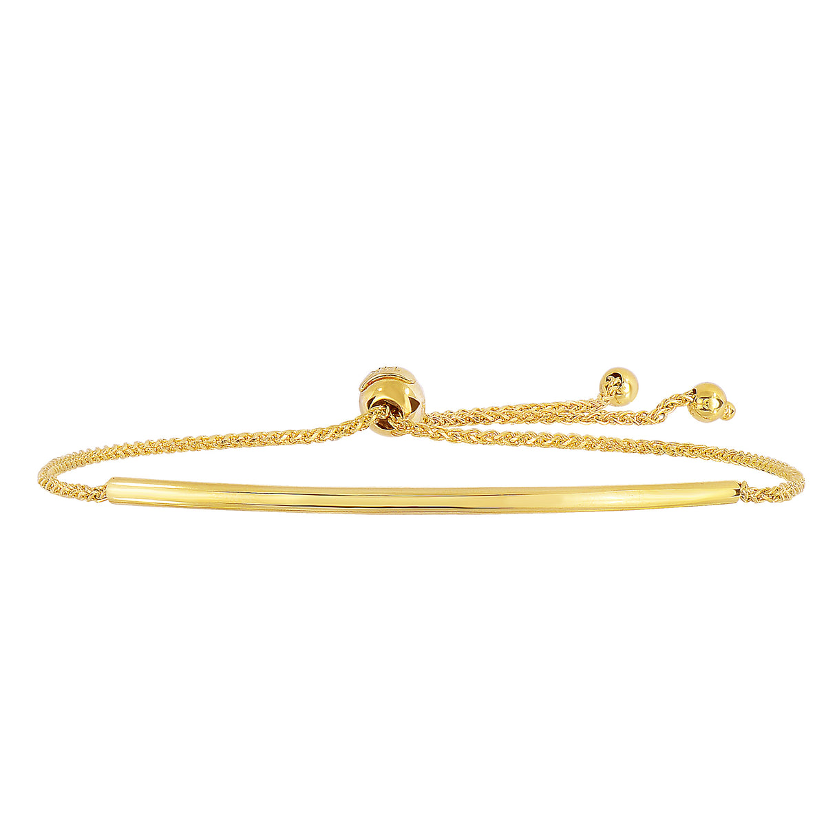 Pulsera ajustable de cadena de trigo con corte de diamante y barra curva de oro amarillo de 14 quilates con cierre de bola ajustable, joyería fina de diseño de 9,25 pulgadas para hombres y mujeres