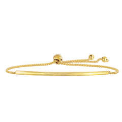 14K Yellow Gold Curve Bar Diamond Cut Wheat Chain Adjustable Bracelet With Adjustable Ball Clasp, 9.25"