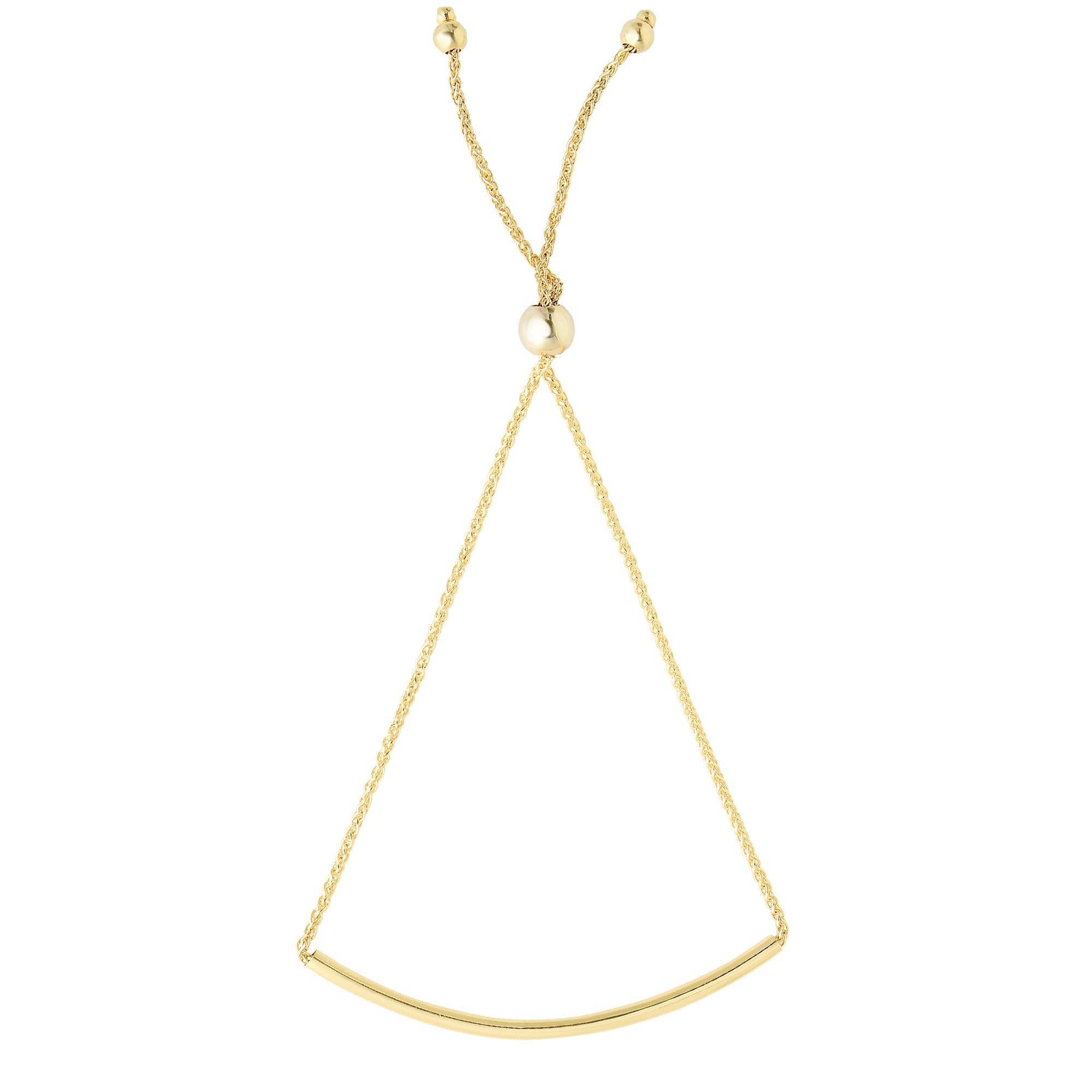 14K Yellow Gold Curve Bar Diamond Cut Wheat Chain Adjustable Bracelet With Adjustable Ball Clasp, 9.25"