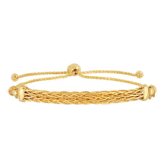 14K Yellow Gold Diamond Cut Round Wheat Adjustable Bracelet With Arched Weave Center Element, 9.25"