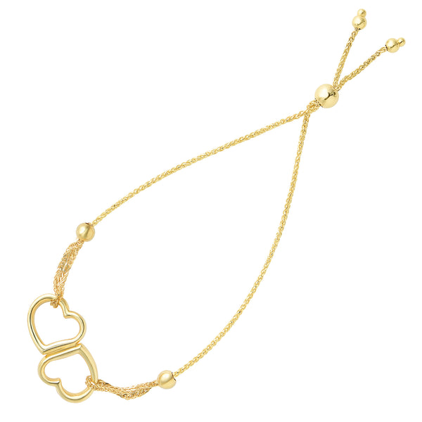 Double Open Heart Center Element Bolo Friendship Adjustable Bracelet In 14K Yellow Gold, 9.25"