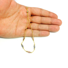 Tricolor Diamond Cut Oval Bead Stations Bolo Friendship Adjustable Bracelet In 14K Gold, 9.25"