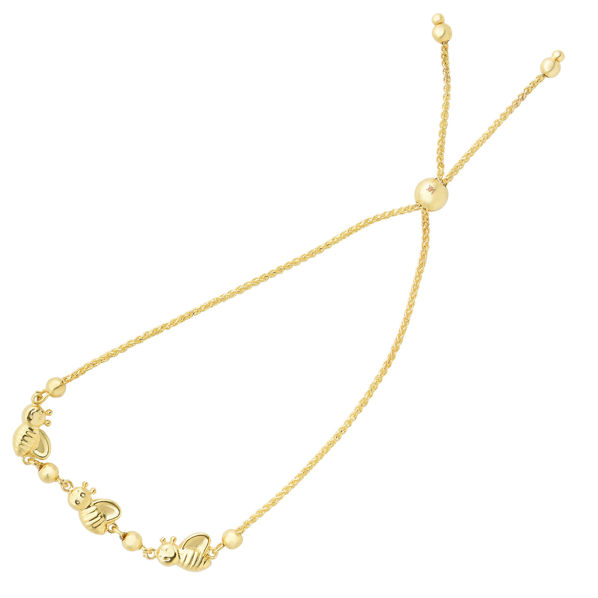 Bumble Bee Charms Theme Bolo Friendship Adjustable Bracelet In 14K Yellow Gold, 9.25"