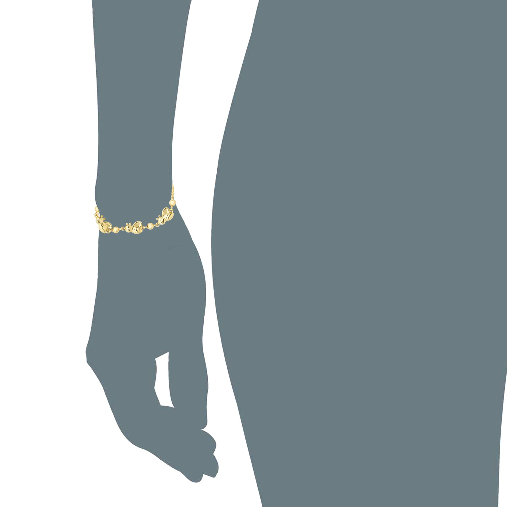 Bumble Bee Charms Theme Bolo Friendship Adjustable Bracelet In 14K Yellow Gold, 9.25"