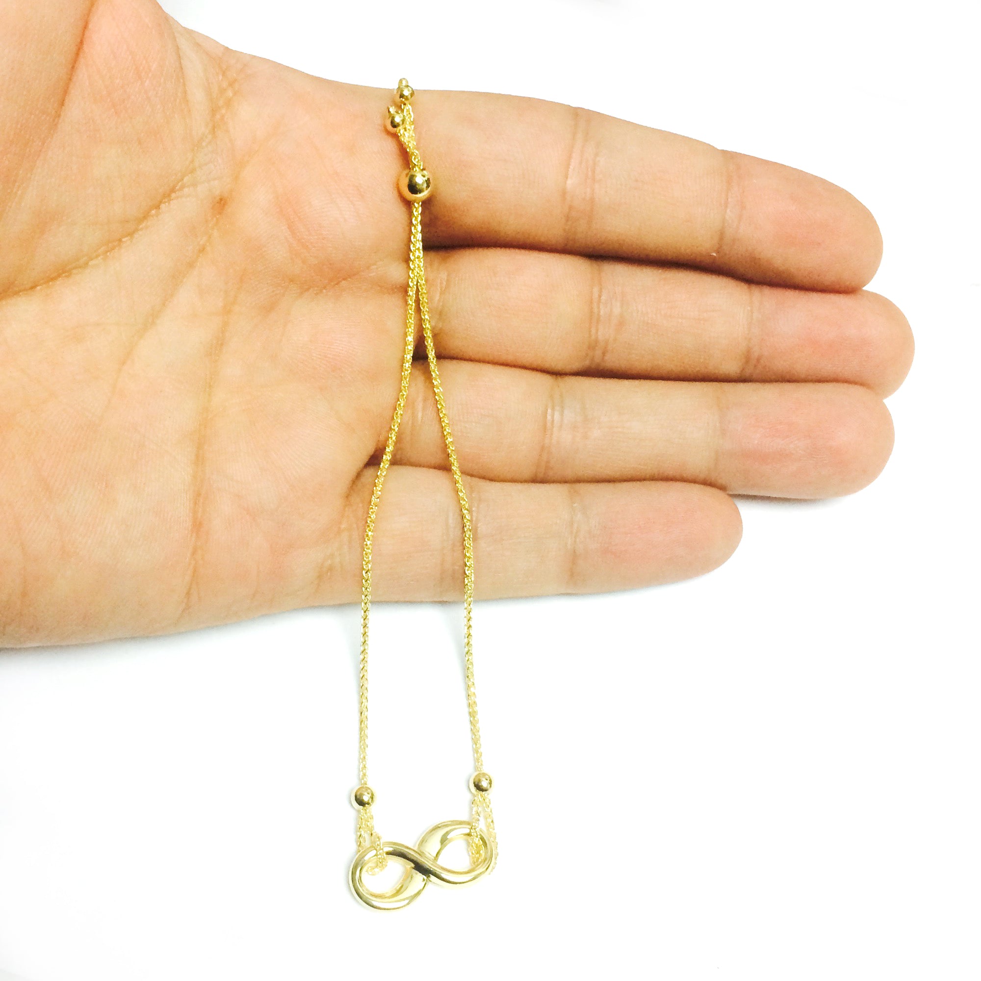 Pulsera ajustable de la amistad Bolo con tema infinito en oro amarillo de 14 quilates, joyería fina de diseño de 9,25 pulgadas para hombres y mujeres