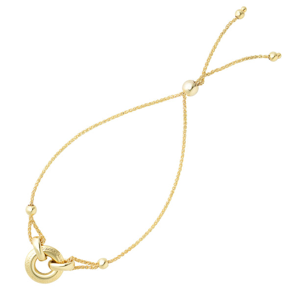 Ring Anchored To Loop Center Bolo Friendship Adjustable Bracelet In 14K Yellow Gold, 9.25"