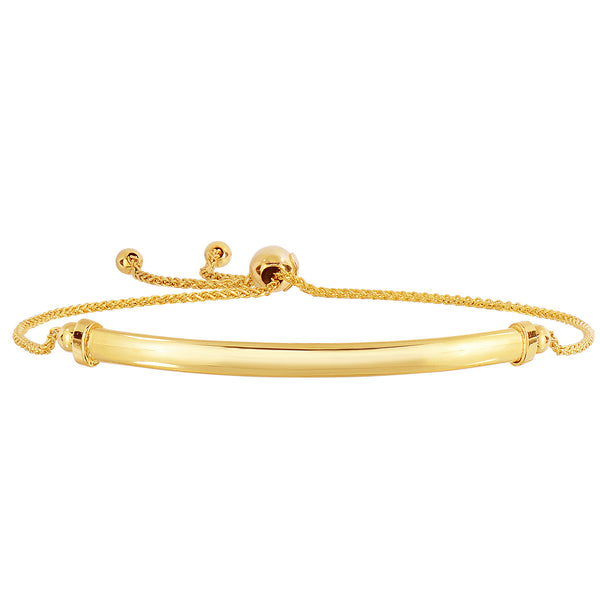 14K Yellow Gold Diamond Cut Round Wheat Adjustable Bracelet With Shiny Curved Bar Element, 9.25"