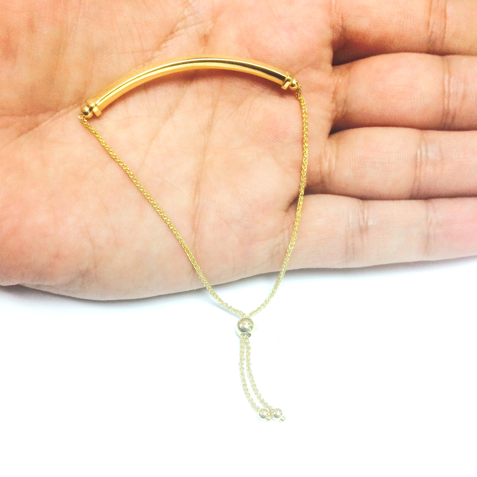 Bracelet réglable en blé rond en or jaune 14 carats avec élément de barre incurvée brillant, bijoux de créateurs fins de 9,25 pouces pour hommes et femmes