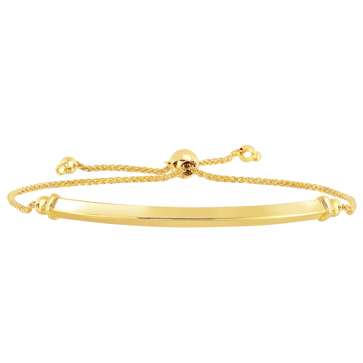 14K Yellow Gold Diamond Cut Round Wheat Adjustable Bracelet With Shiny Arched Bar Center Element, 9.25" fine designer jewelry for men and women