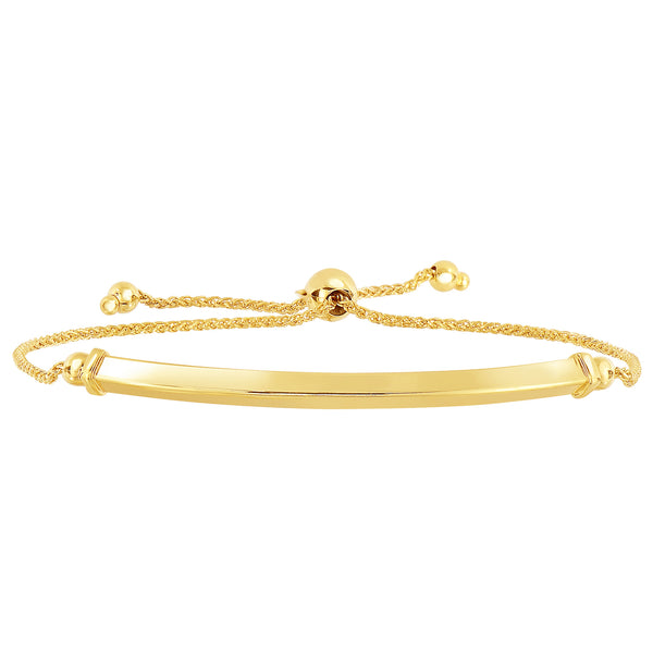 14K Yellow Gold Diamond Cut Round Wheat Adjustable Bracelet With Shiny Arched Bar Center Element, 9.25"