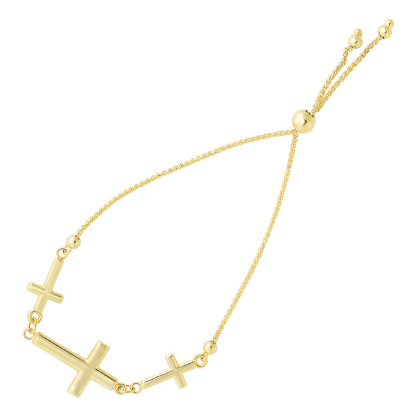Sideways Crosses Theme Bolo Friendship Adjustable Bracelet In 14K Yellow Gold, 9.25"