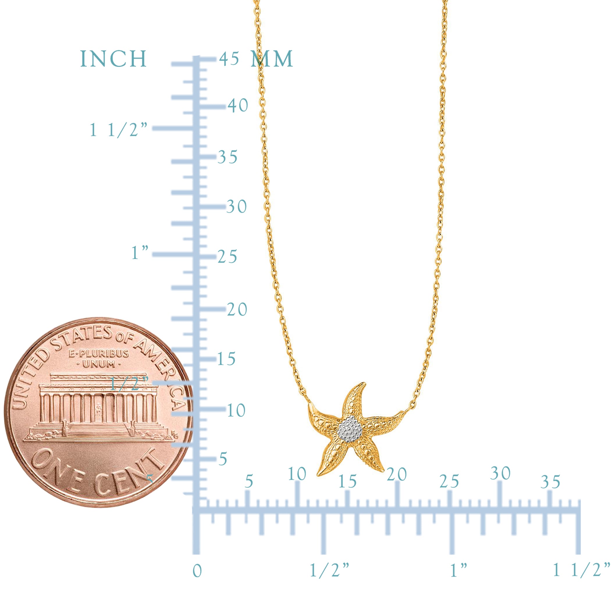 14K Yellow And White Gold Starfish Sea Life Chain Necklace, 18" fine designer jewelry for men and women