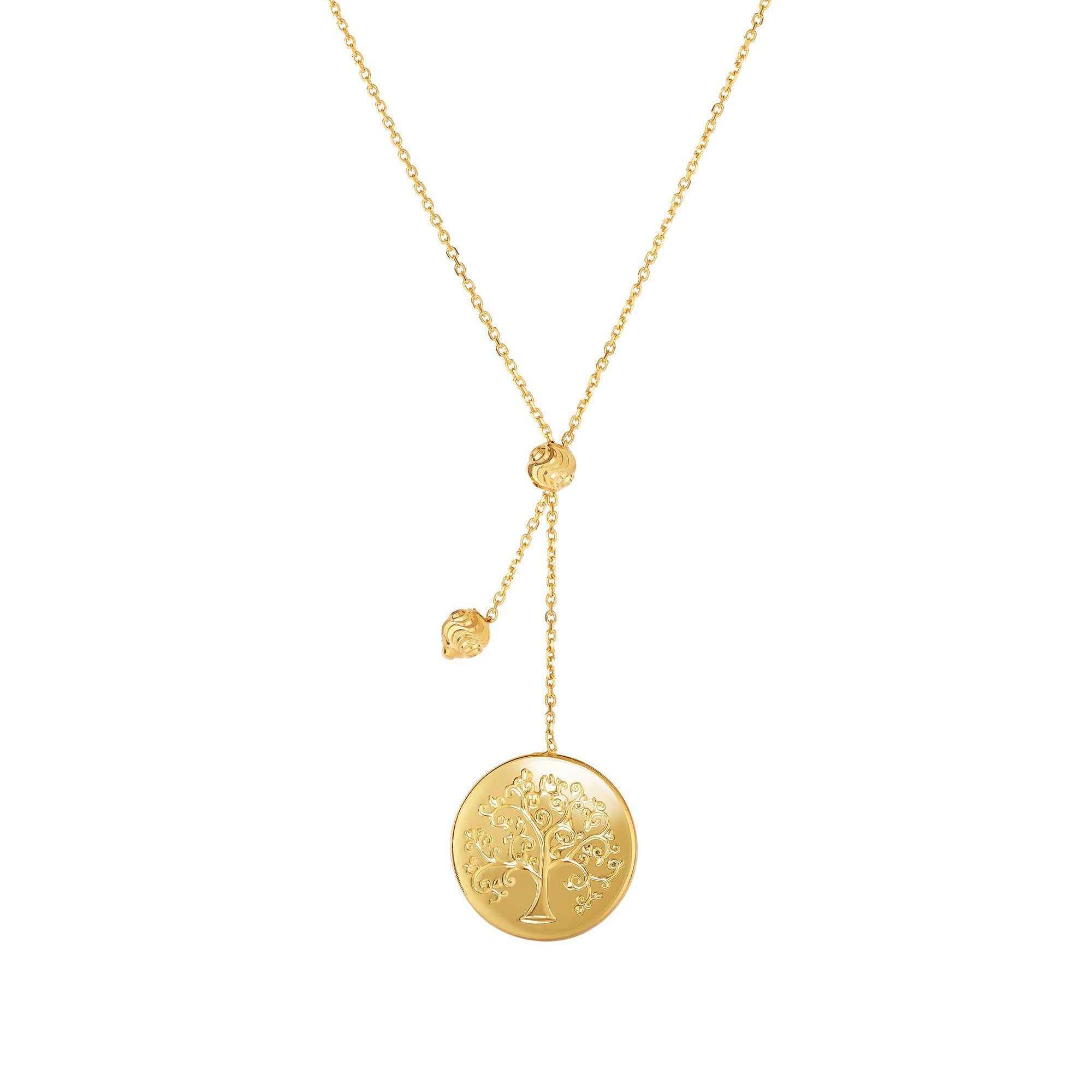 14k Yellow Gold Tree of Life Small Bead Lariat on Chain Necklace, 18" fine designer jewelry for men and women