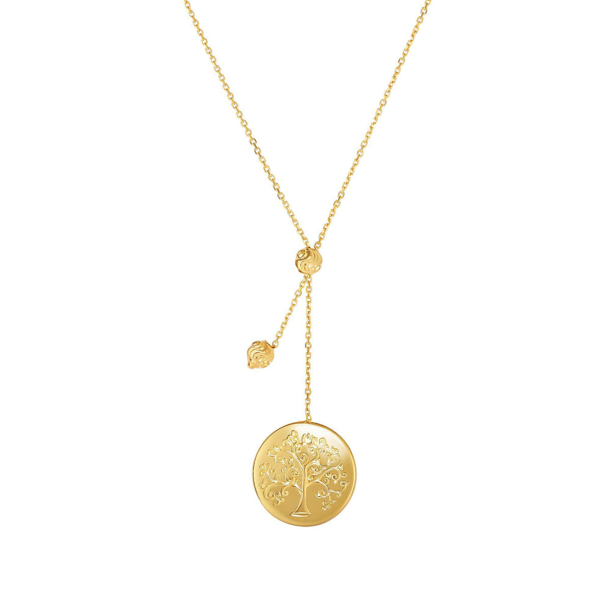 14k Yellow Gold Tree of Life Small Bead Lariat on Chain Necklace, 18" fine designer jewelry for men and women