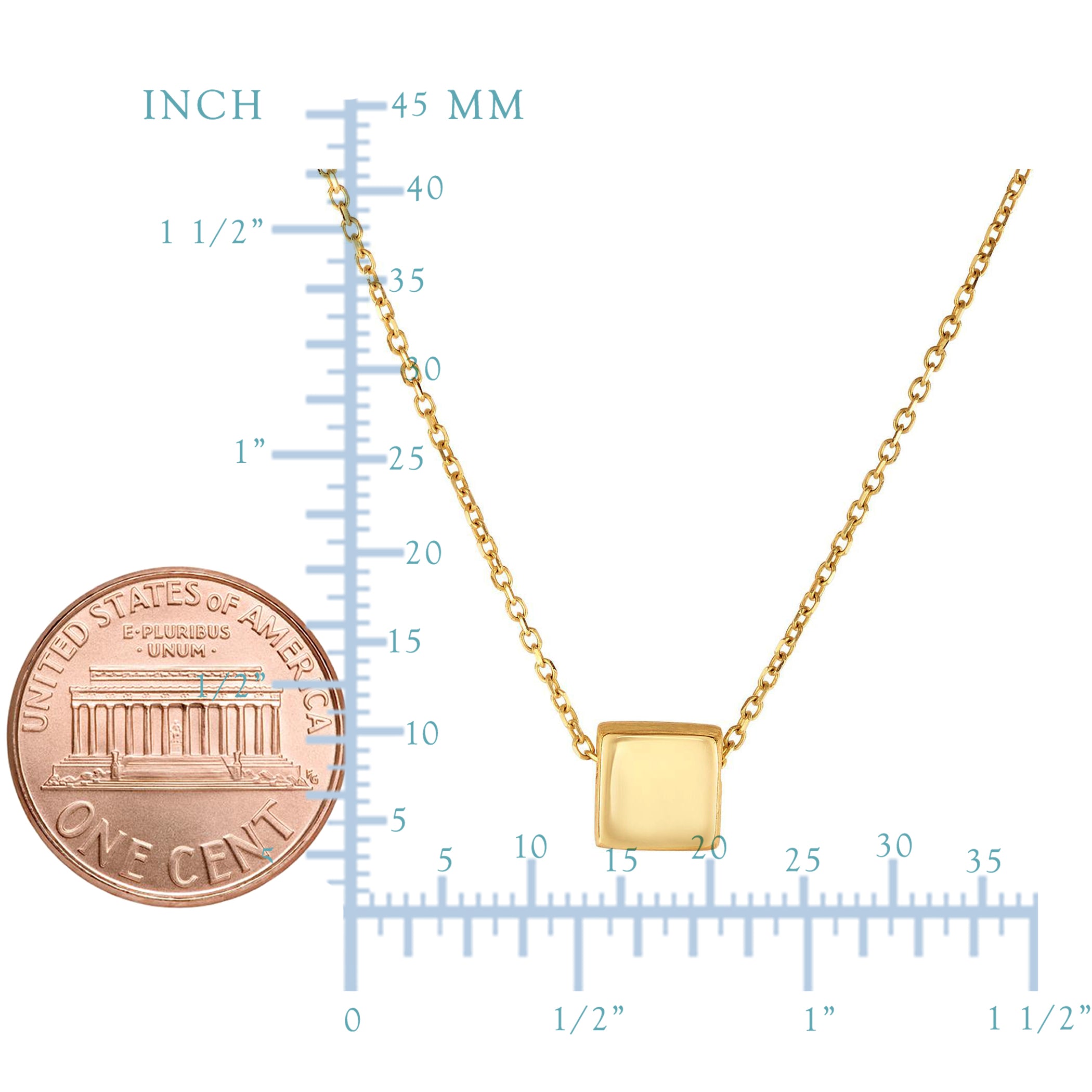 14k Yellow Gold Diamond Cut Square Shape Pendant Chain Necklace, 18"