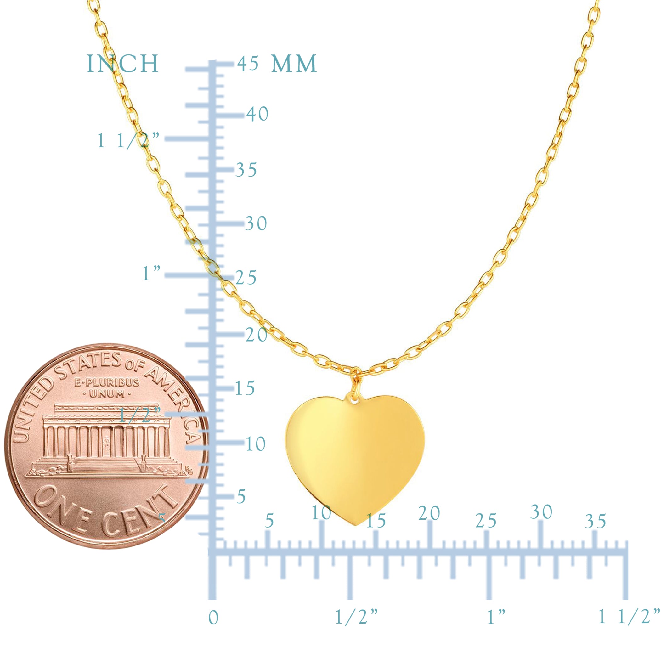 Collana a cuore lucido in oro giallo 14k, gioielli di design da 16 pollici per uomini e donne