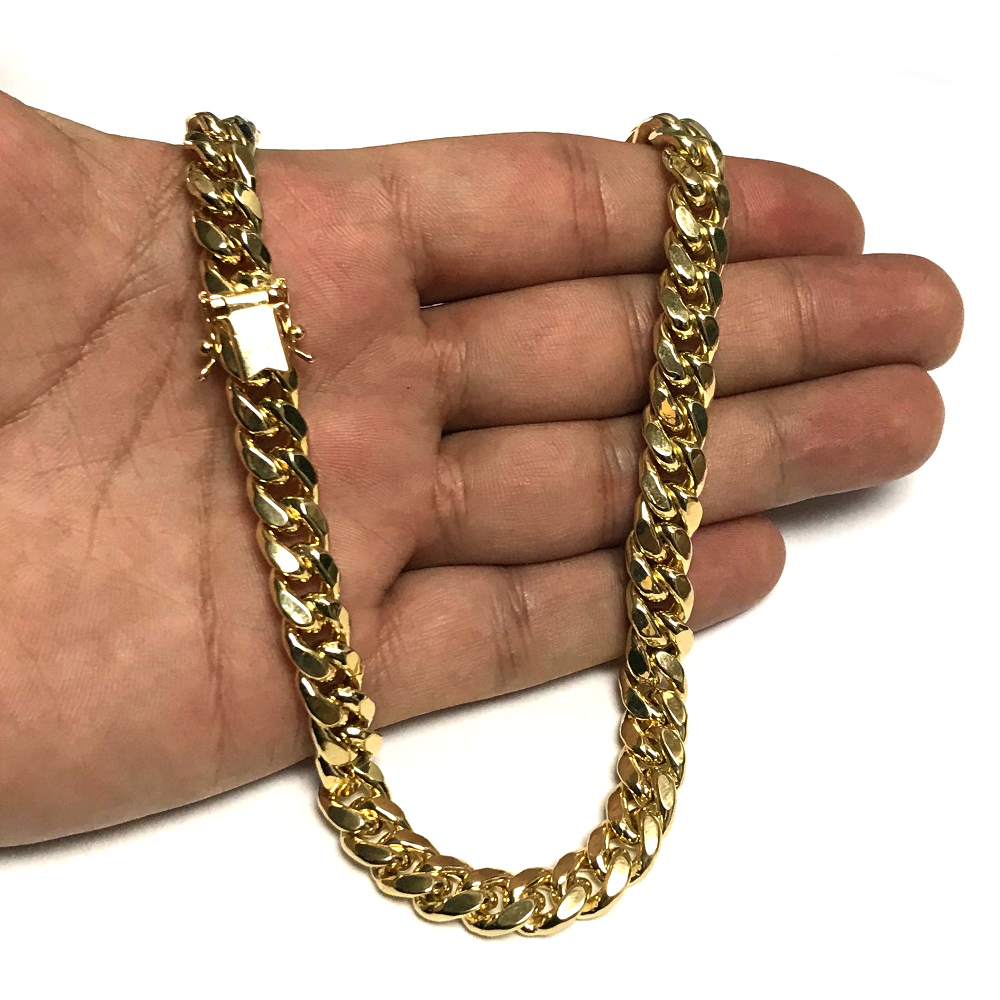 14K Yellow Semi Solid Gold Miami Cuban Link Chain Necklace Width 9mm
