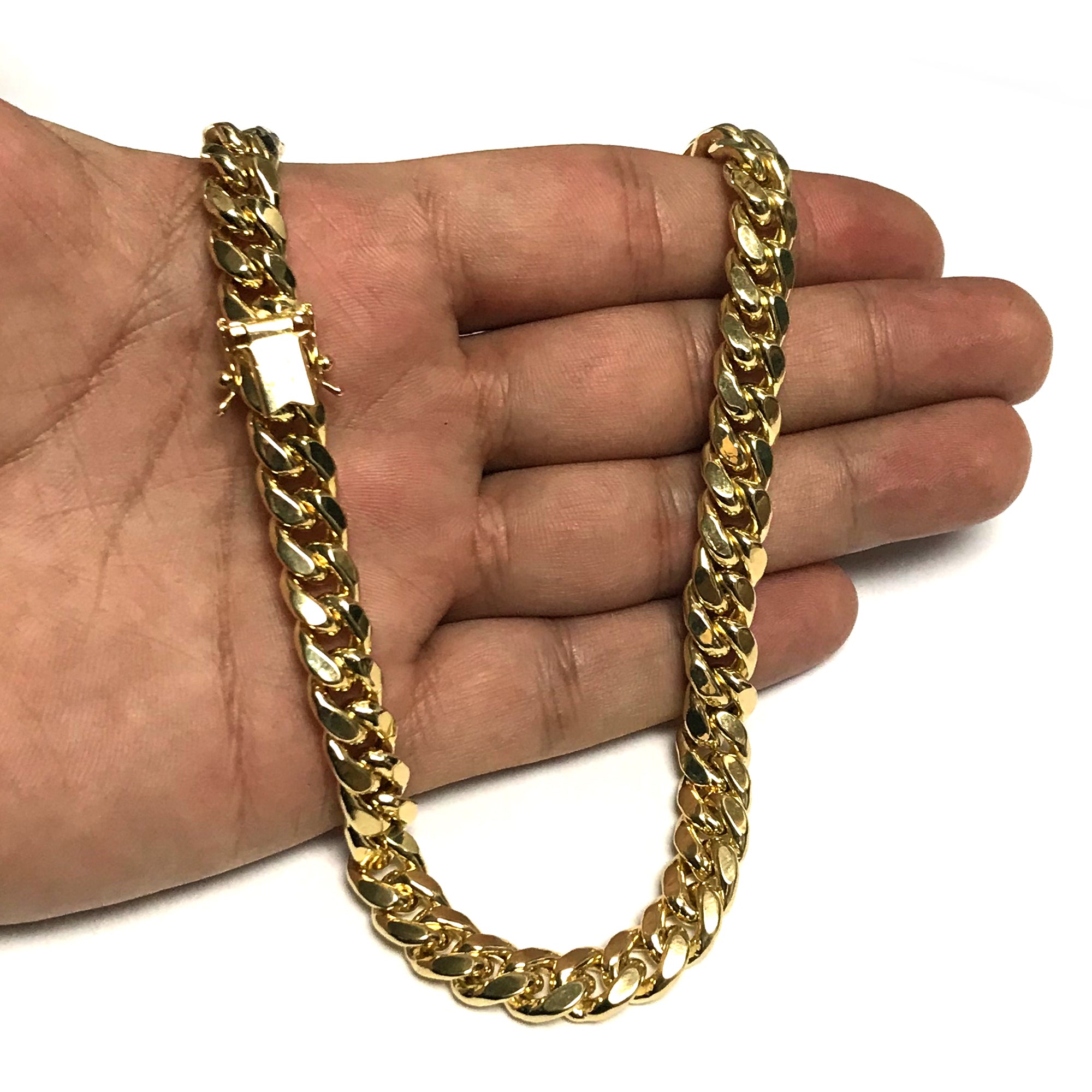 14k Yellow Semi Solid Gold Miami Cuban Link Chain Necklace, Width 9mm fine designer jewelry for men and women