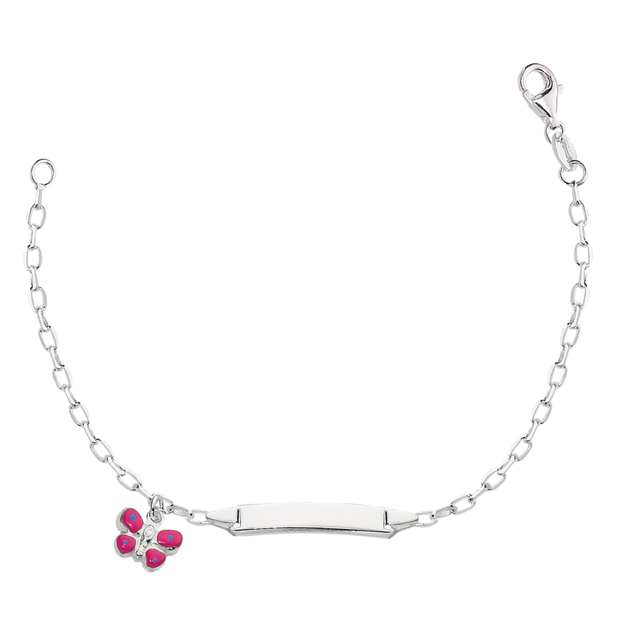 Oval Rolo Chain Baby Id Bracelet With Butterfly Dangle Charm In Sterling Silver - 6 Inches