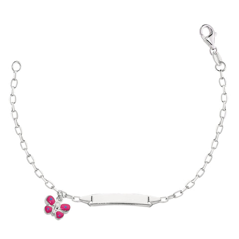 Oval Rolo Chain Baby Id Bracelet With Butterfly Dangle Charm In Sterling Silver - 6 Inches