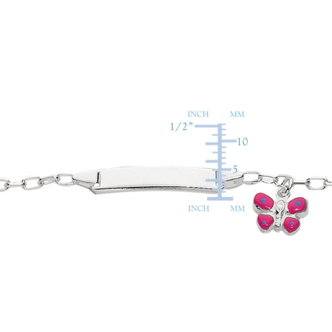 Oval Rolo Chain Baby Id Bracelet With Butterfly Dangle Charm In Sterling Silver - 6 Inches