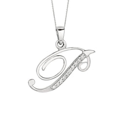 "P" Sterling Silver Rhodium Plated Script Initial Letter With Diamonds On 18 Inch Chain ( 0.05 Tcw)