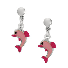 Pink Enamel Dolphin Dangle Earrings In Sterling Silver