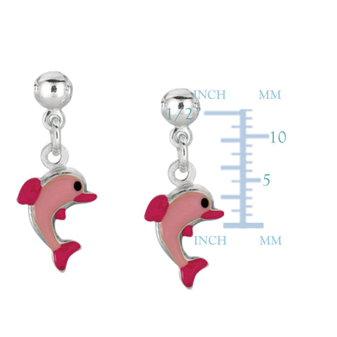 Pink Enamel Dolphin Dangle Earrings In Sterling Silver