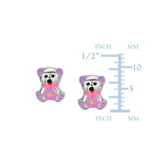 Purple Theme Enamel Kids Teddy Bear Stud Earrings In Sterling Silver