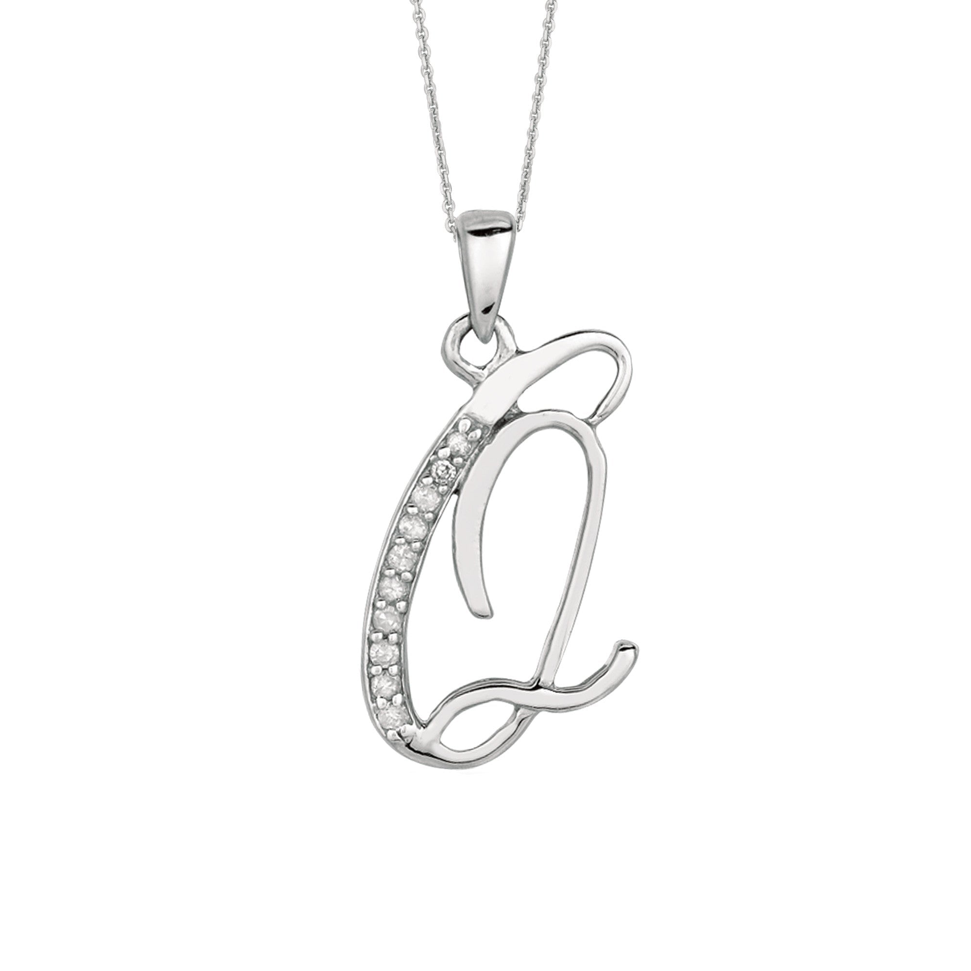 "Q" Sterling Silver Rhodium Plated Script Initial Letter With Diamonds On 18 Inch Chain ( 0.05 Tcw)
