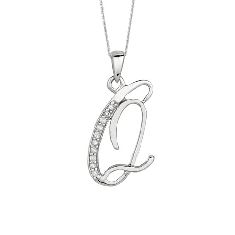 "Q" Sterling Silver Rhodium Plated Script Initial Letter With Diamonds On 18 Inch Chain ( 0.05 Tcw)