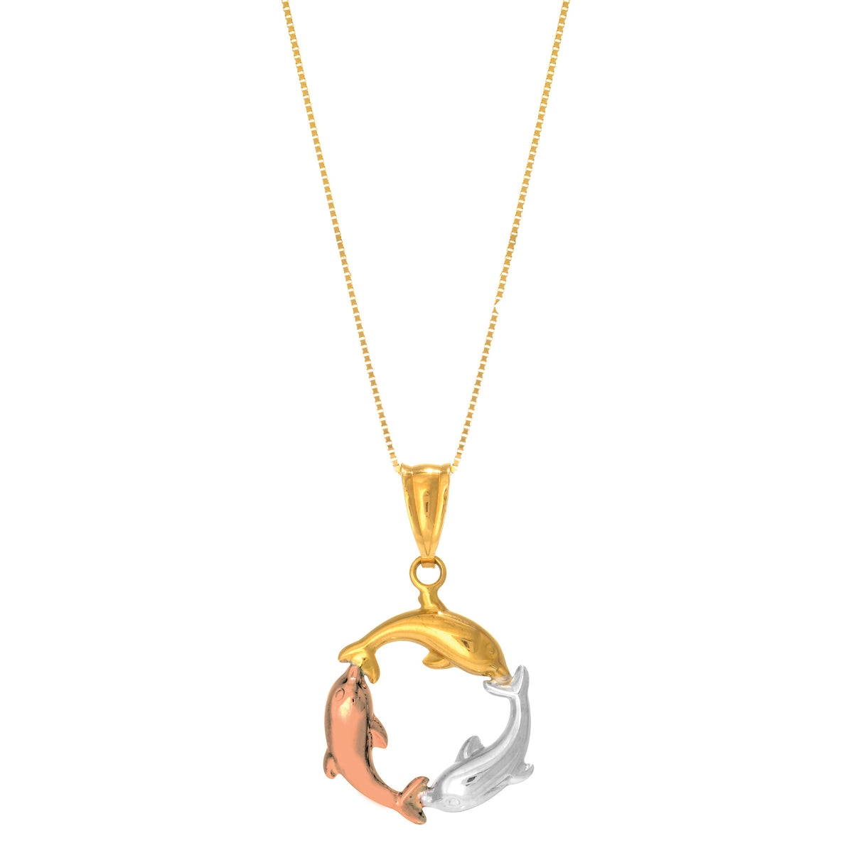 14k Tricolor Rose Gold Three Circling Dolphins Pendant Necklace, 18" fine designer jewelry for men and women