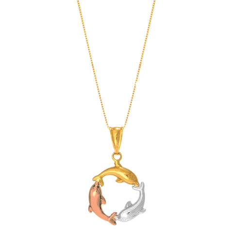 14k Tricolor Rose Gold Three Circling Dolphins Pendant Necklace, 18"