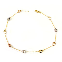 14K Yellow White And Rose Gold Charms Fancy Anklet, 10"