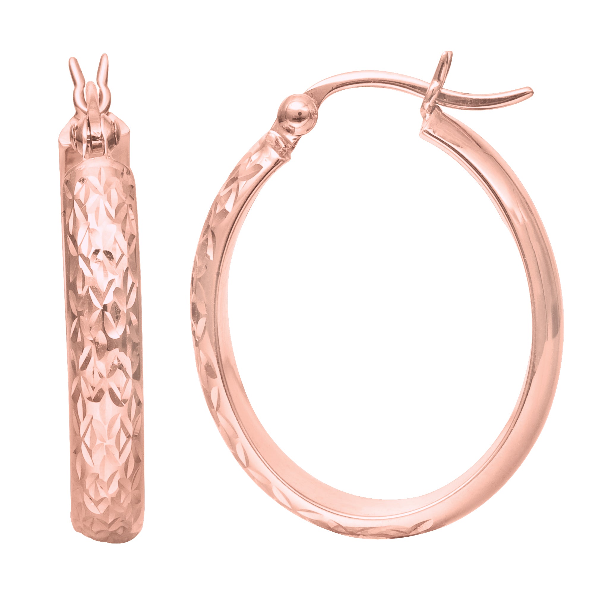 14K Rose Gold Hammered Polished  Oval Hoop Earrings