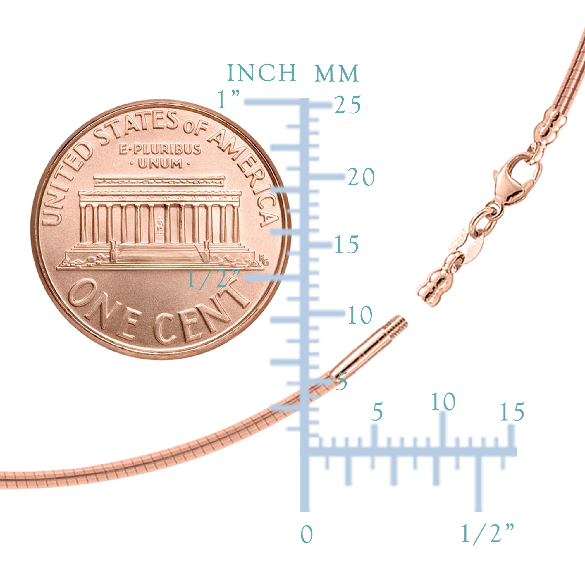 Collar de cadena Omega redonda con cierre de rosca en oro rosa de 14 k, 1,5 mm, joyería fina de diseño de 17" para hombres y mujeres