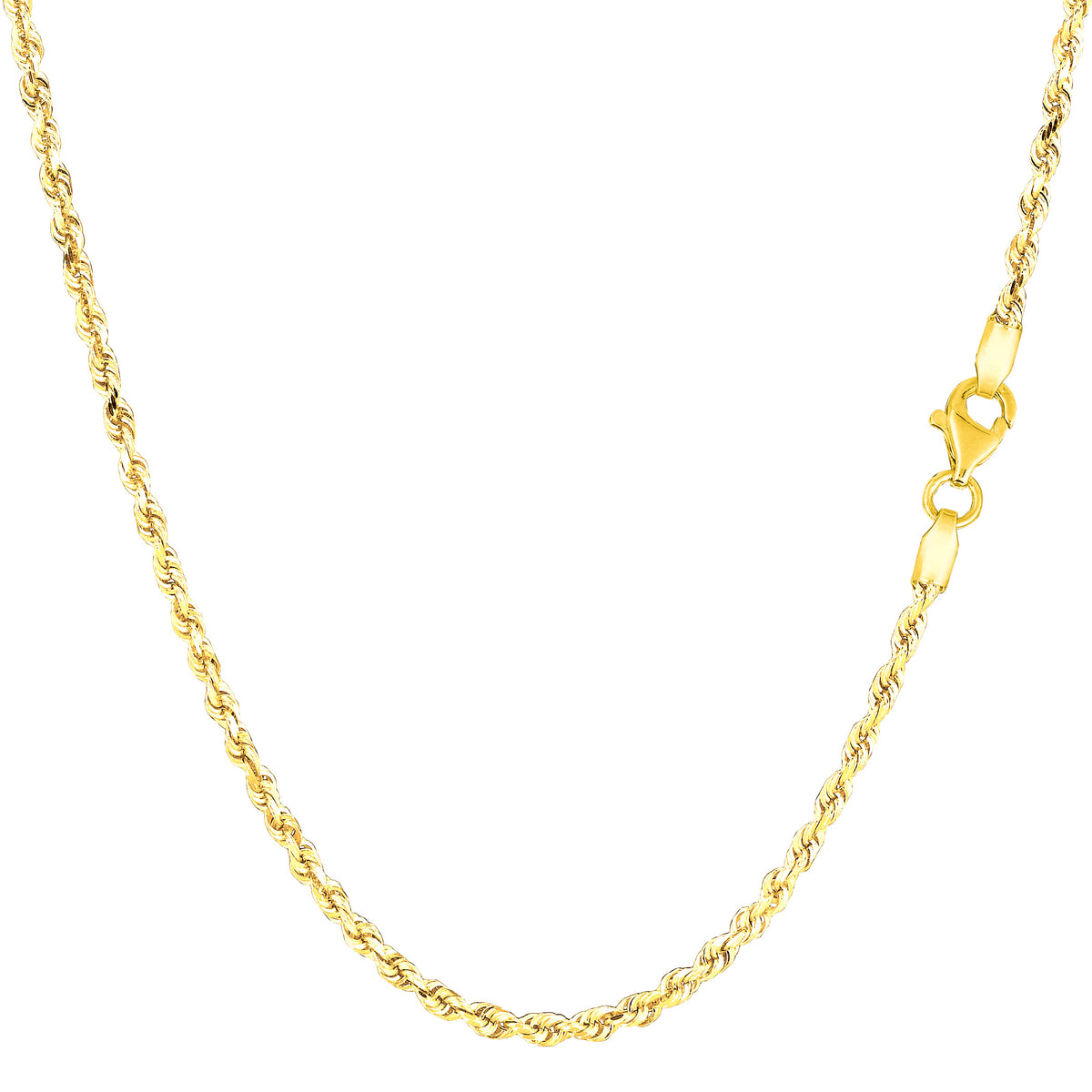 Collar de cadena de cuerda con corte de diamante de oro macizo amarillo de 14 quilates, joyería fina de diseño de 2,0 mm para hombres y mujeres