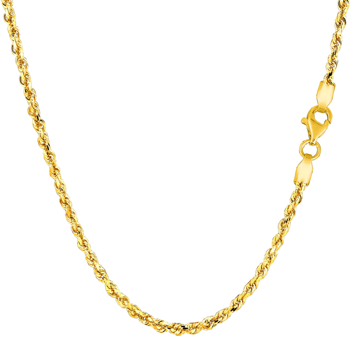 Collar de cadena de cuerda con corte de diamante de oro macizo amarillo de 14 quilates, joyería fina de diseño de 2,25 mm para hombres y mujeres