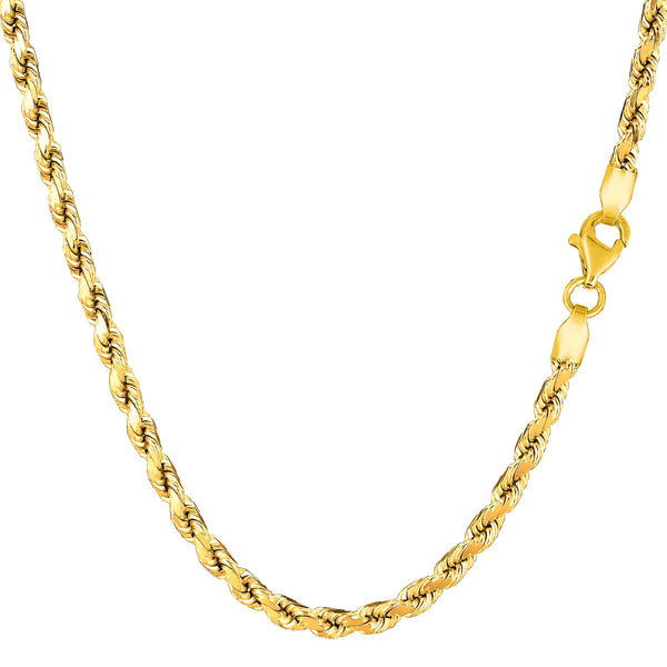 14k Yellow Solid Gold Diamond Cut Rope Chain Necklace, 3.5mm