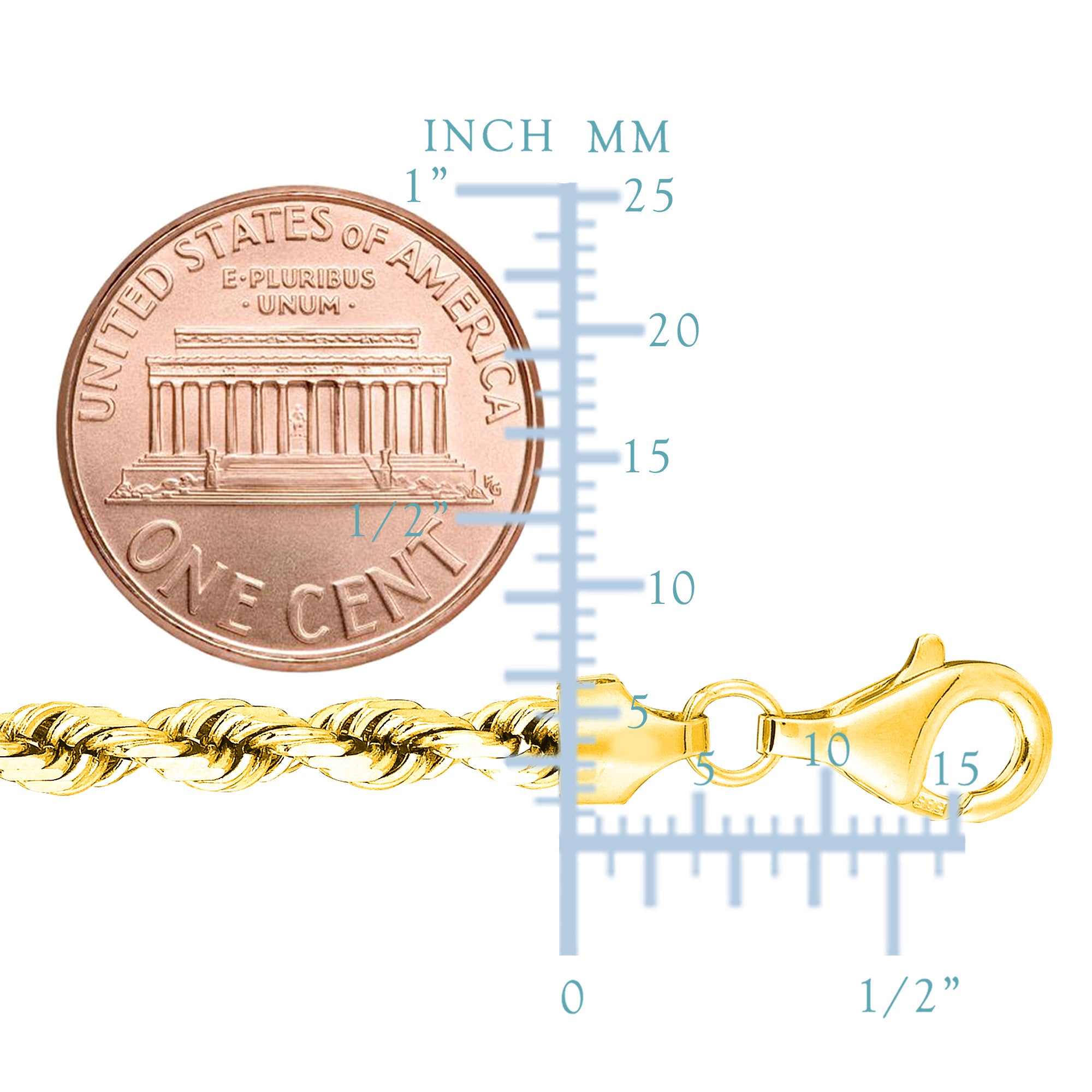 Bracciale a catena in corda solida riempita in oro giallo 14K, 4,5 mm, 8,5" gioielli di design per uomini e donne