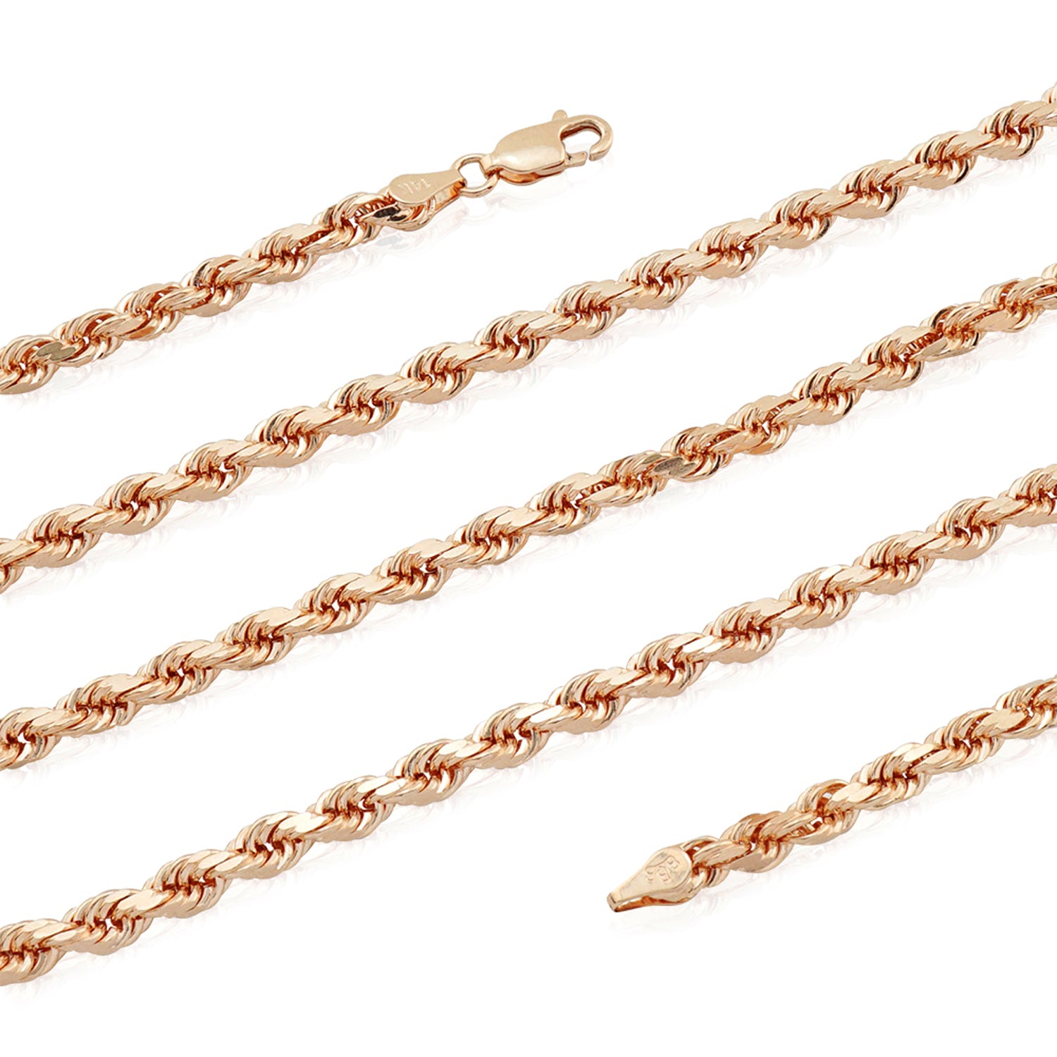 14 k rosé massivt guld diamantskuret repkedja halsband, 1,5 mm fina designersmycken för män och kvinnor