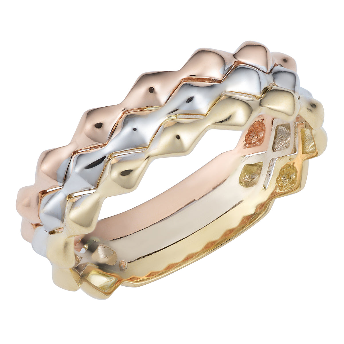 Anillo de estilo apilable de triple banda de oro tricolor de 14 quilates, joyería de diseño fino para hombres y mujeres