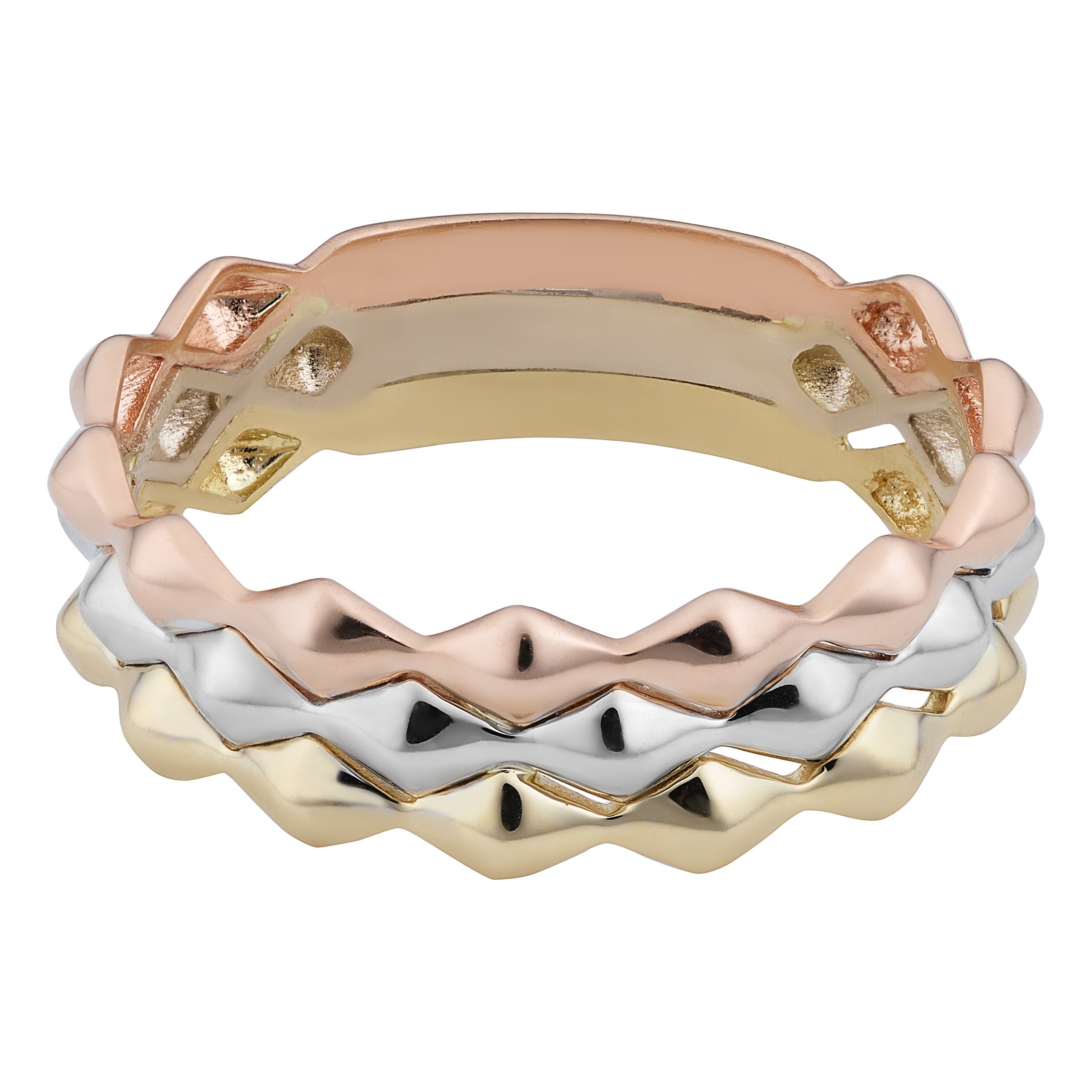 Anillo de estilo apilable de triple banda de oro tricolor de 14 quilates, joyería de diseño fino para hombres y mujeres