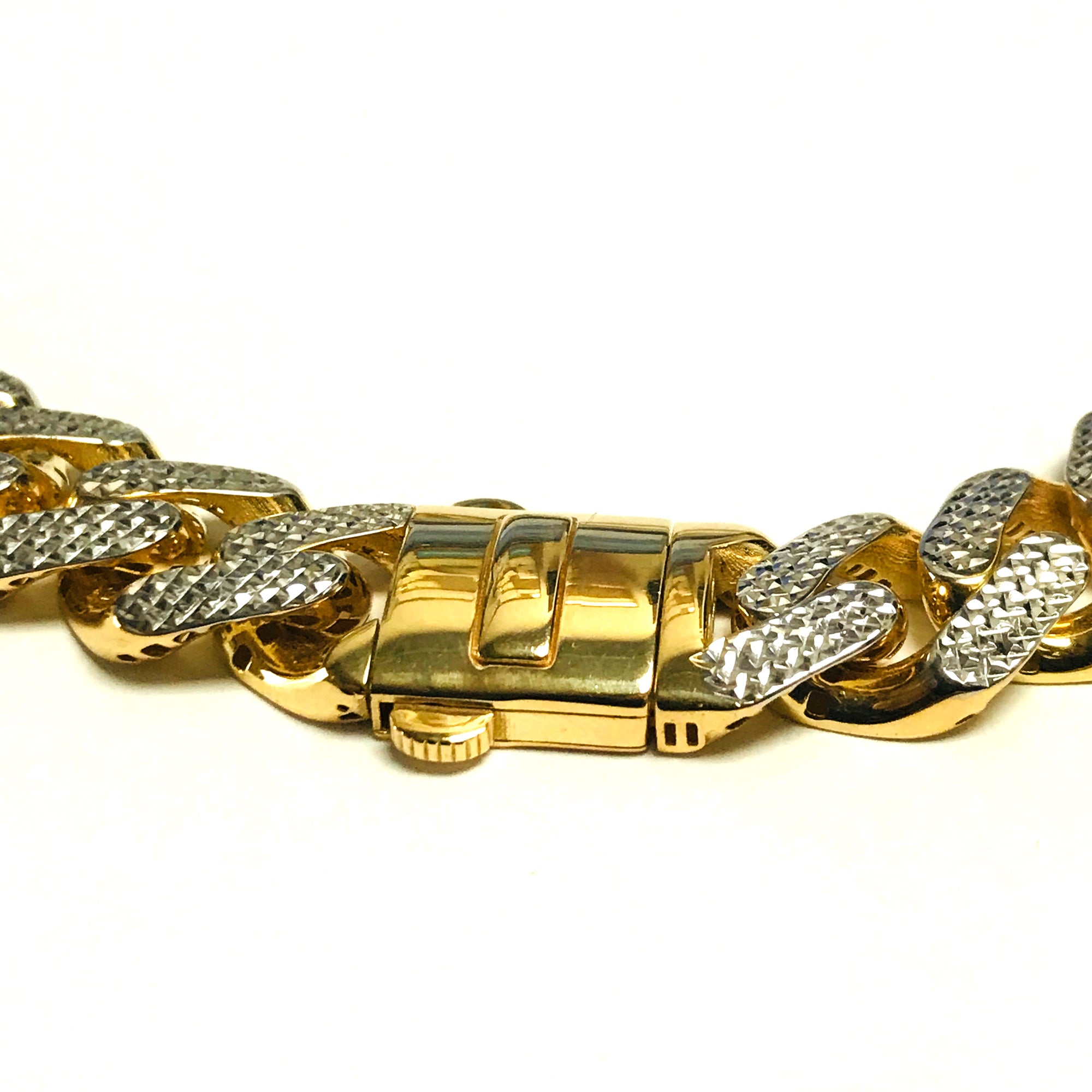 14 k gult og hvitt gull Miami Cuban Pave Link Chain Halskjede, Bredde 13,5 mm, 24" fine designersmykker for menn og kvinner
