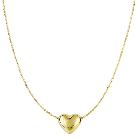 Real Gold Puffed Heart Pendant Necklace, 18"